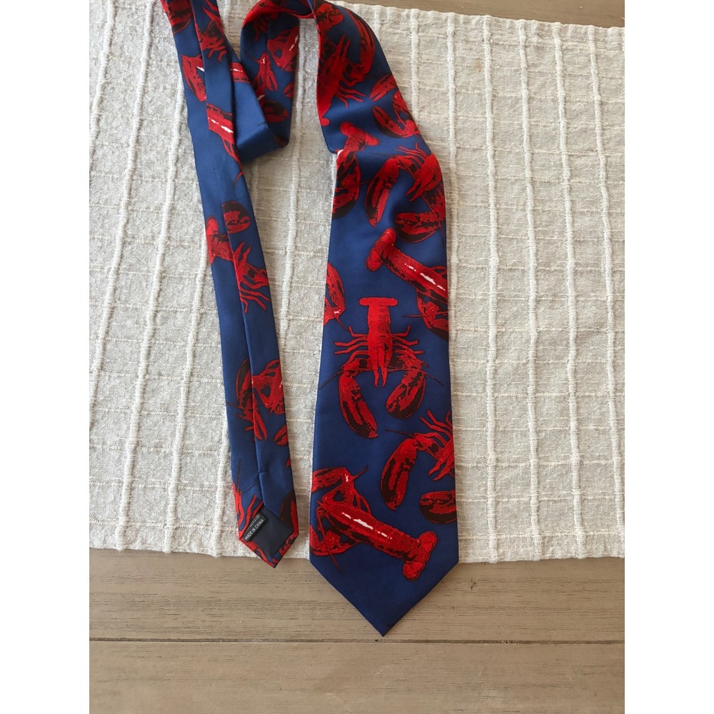 Fun Ties Mens Lobster Print Necktie Navy Blue Red Nautical Novelty Silk Feeling